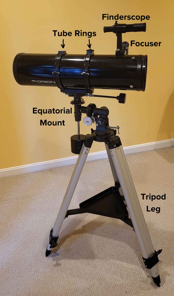 Orion SpaceProbe 130ST EQ telescope with its major parts labeled