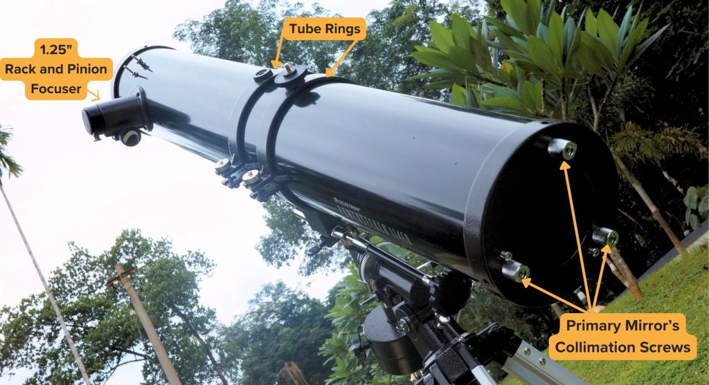 114EQ's powerseeker optical tube's focuser, tube ring and collimation screws