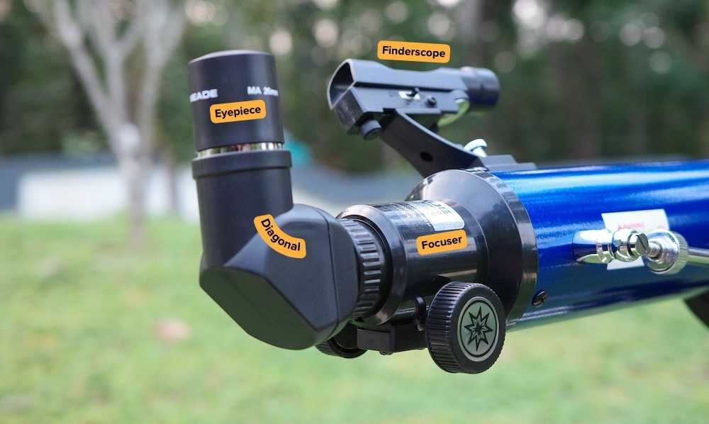 Amici diagonal and eyepiece attached to the focuser of Meade Infinity 70AZ