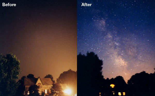 Before and during the 2003 Northeast blackout, a massive power outage caused less sky light pollution