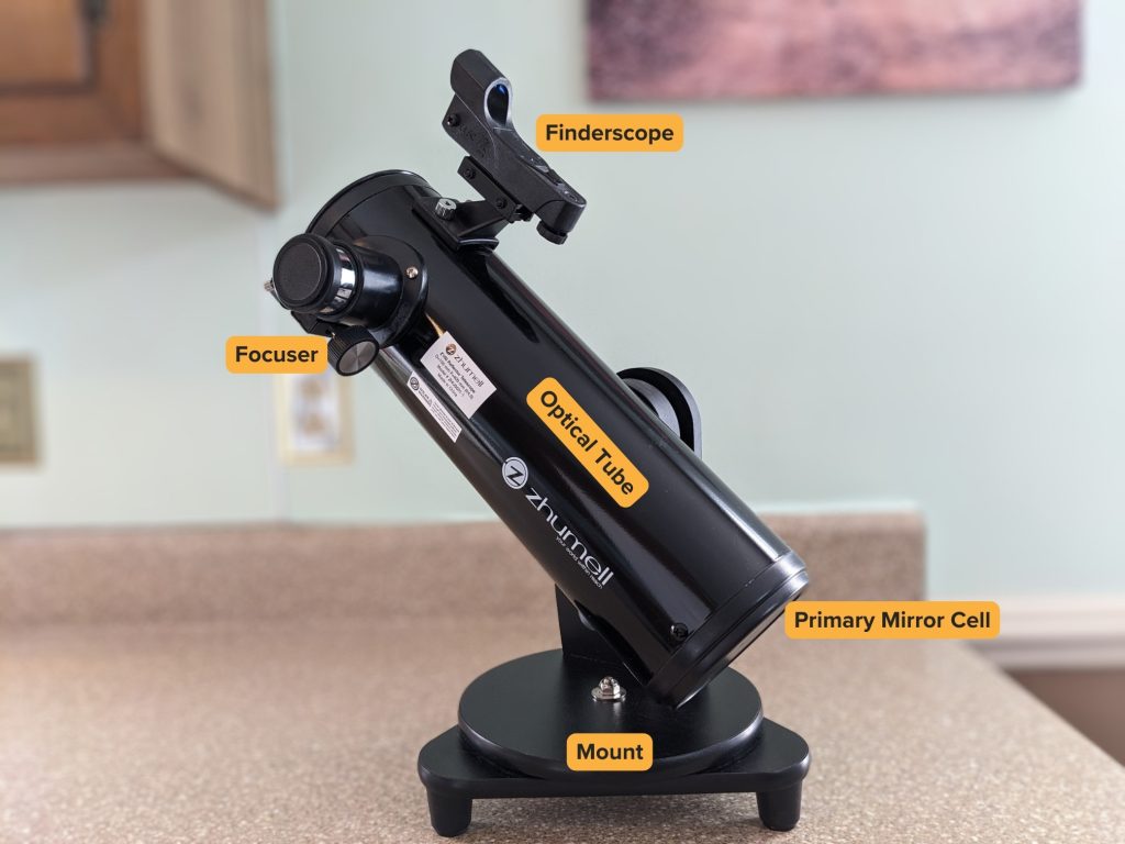 Zhumell Z100 dobsonian telescope and its major parts marked