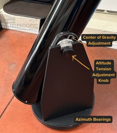 Side of Ad8'S mount with altazimuth movement and altitude movement bearings and knobs marked
