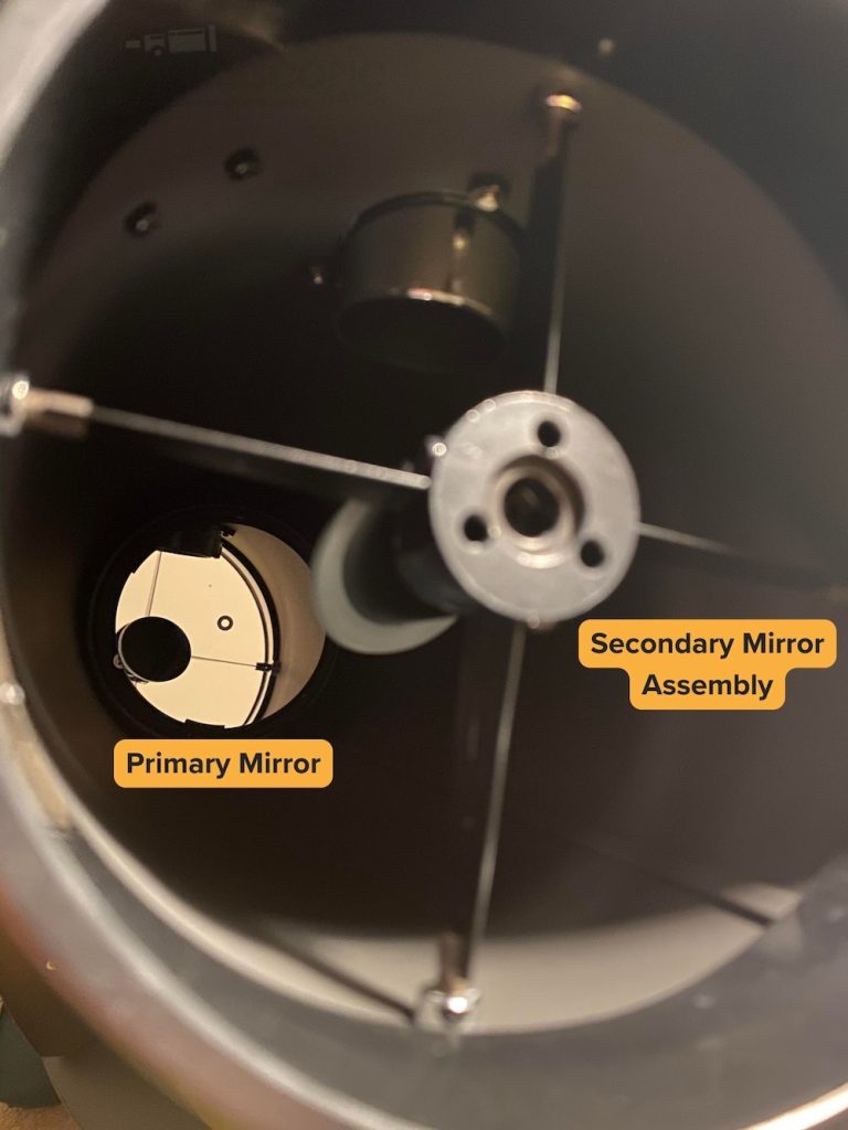 Primary and secondary mirror of Z114, a view from inside the optical tube