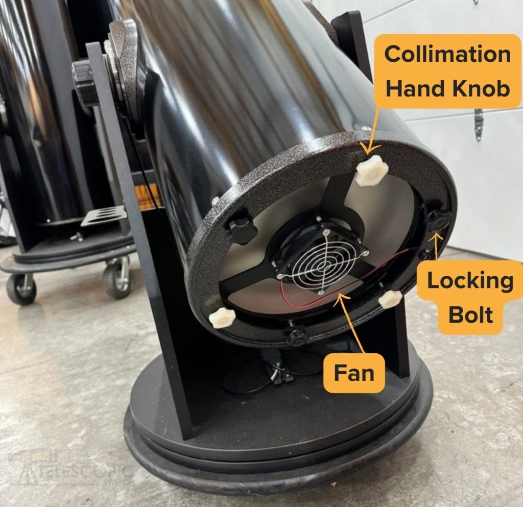 Back side of AD10's optical tube where collimation and lock screws can be seen, along with cooling fan