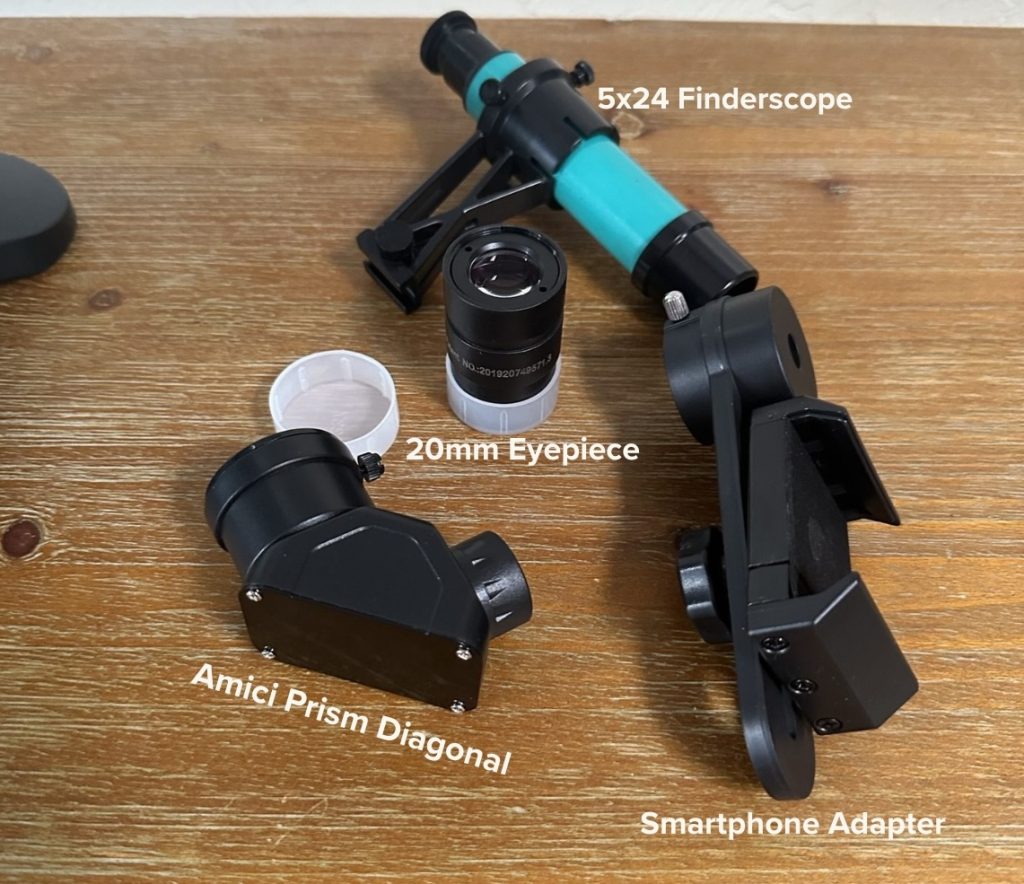 All of the Sarblue Mak60 accessories that I got with the scope, adequately marked