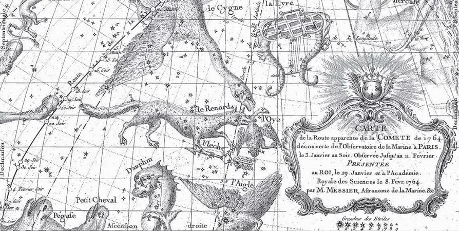 Charles Messier's star chart of 1764, showing the curved path of a comet. Image Credit: Charles Messier