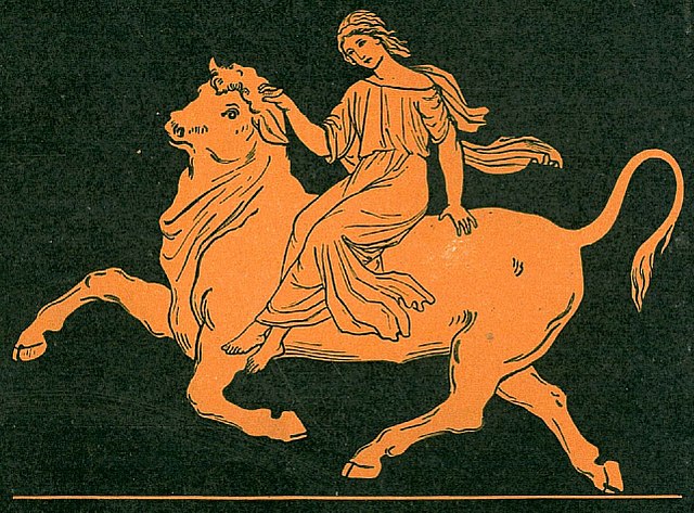 Europa being carried away by the god Zeus in bull form.