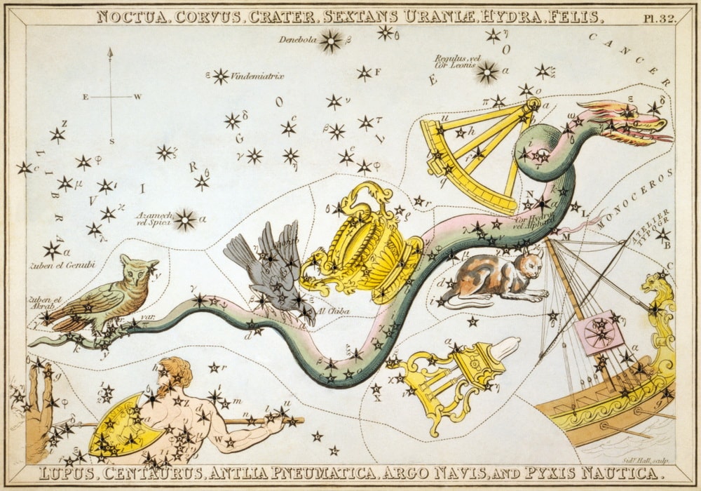 This star chart from 1825 shows several constellations that no longer exist. For example, Noctua the Owl is clearly visible to the left while Felis the Cat is over to the right. Image Credit: Sidney Hall, Richard Rouse Bloxam and Adam Cuerden