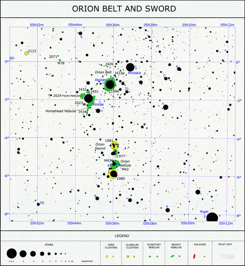 This detailed star chart shows the stars and deep sky objects around the three stars of Orion's belt. Degrees of declination are marked along the sides while hours and minutes of right ascension are along the top and bottom. Image Credit: Roberto Mura