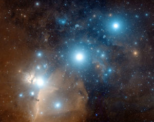 The three stars of Orion's belt. From left to right, Alnitak, Alnilam, and Mintaka. Credit: Digitized Sky Survey
