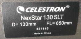 The label detailing the specifications of my Celestron NexStar 130SLT telescope