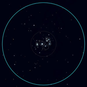 A simulated view of the Pleiades star cluster, as seen through 10x50 binoculars. The field of view is 6.5 degrees. (Image created using Sky Safari.)