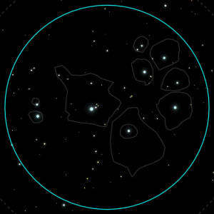 A simulated view of the Pleiades star cluster, as seen through a telescope at 36x. The field of view is 1.5 degrees. (Image created using Sky Safari.)