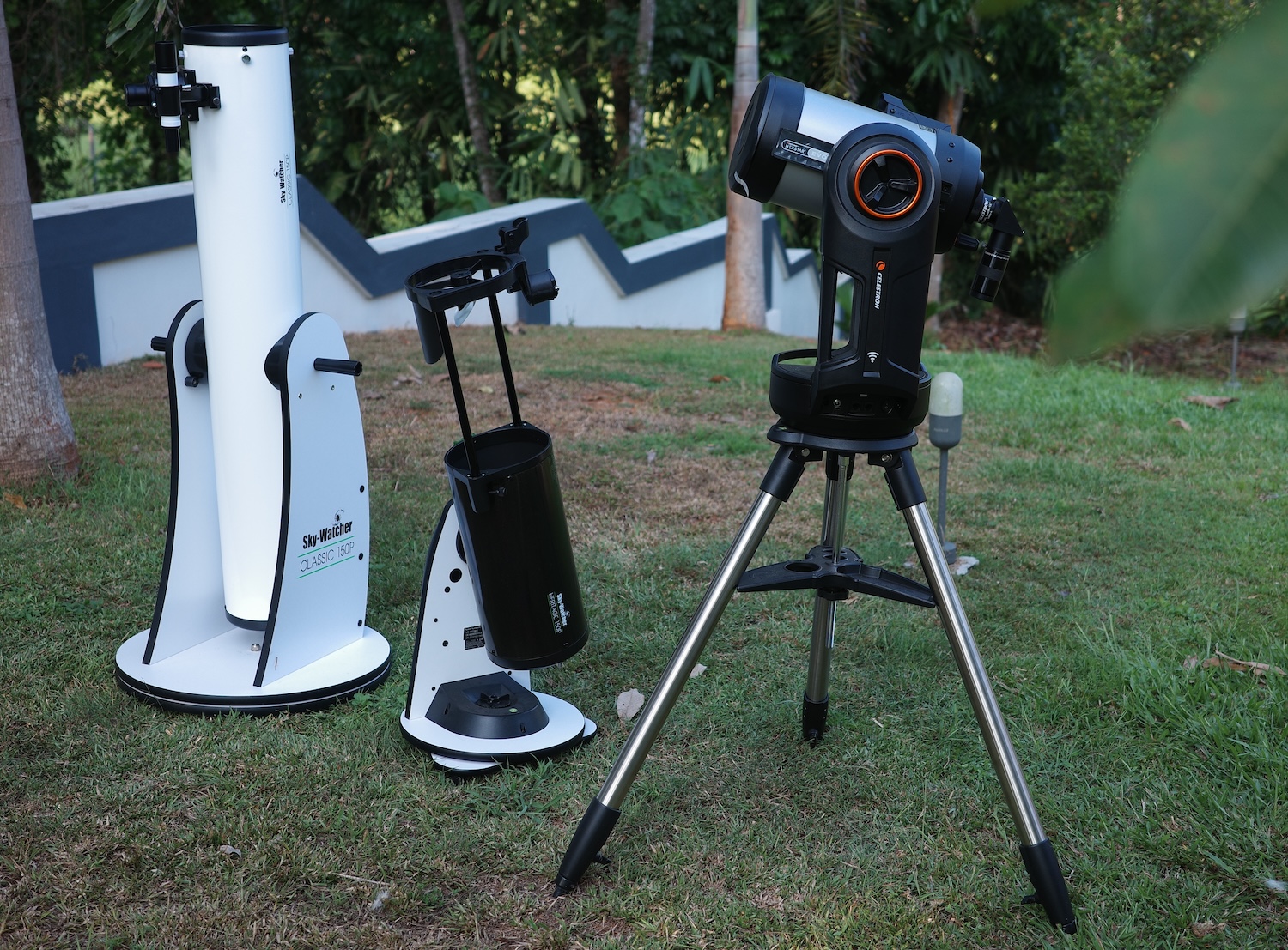 A 6 inch Sky-Watcher dobsonian, Celestron NexStar Evolution 6 and Virtuoso GTI 150P