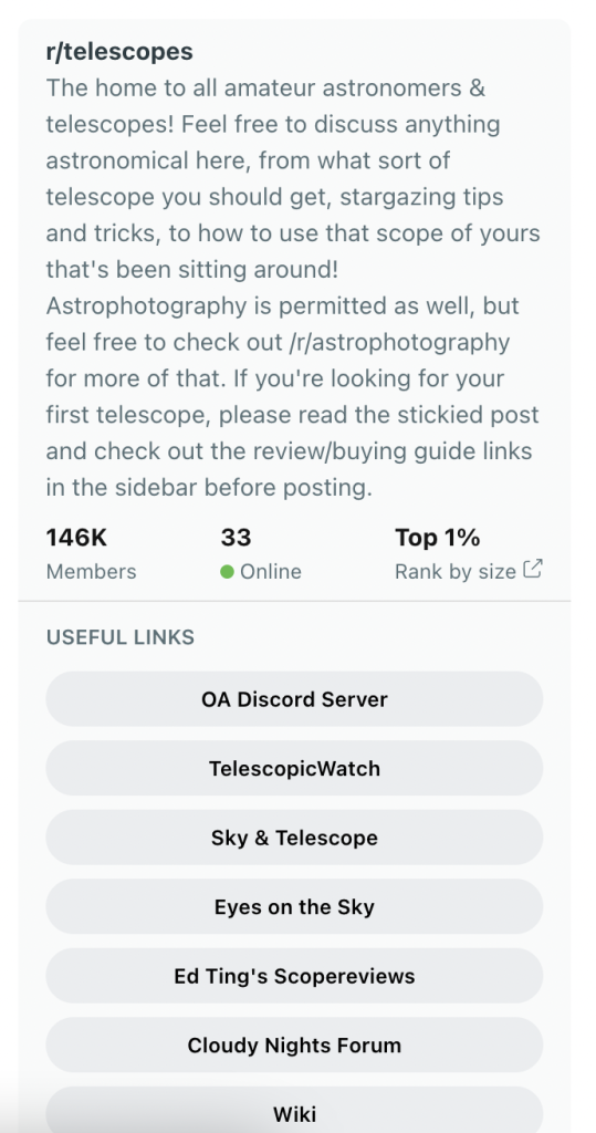 r/telescopes subReddit's sidebar with TelescopicWatch featured as "Useful Links" for telescope hobbyists.