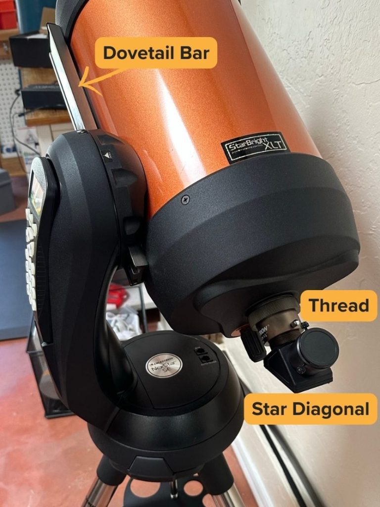 NexStar 5SE with its tube mount and dovetail bar seen