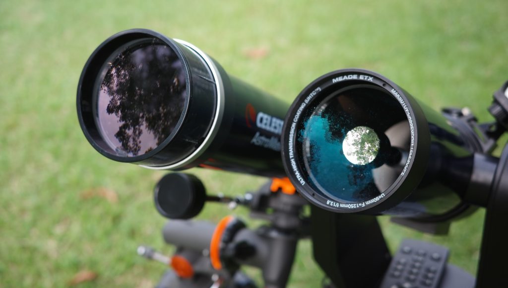 Refractor vs Maksutov‑Cassegrain Telescope Lens Close‑Up