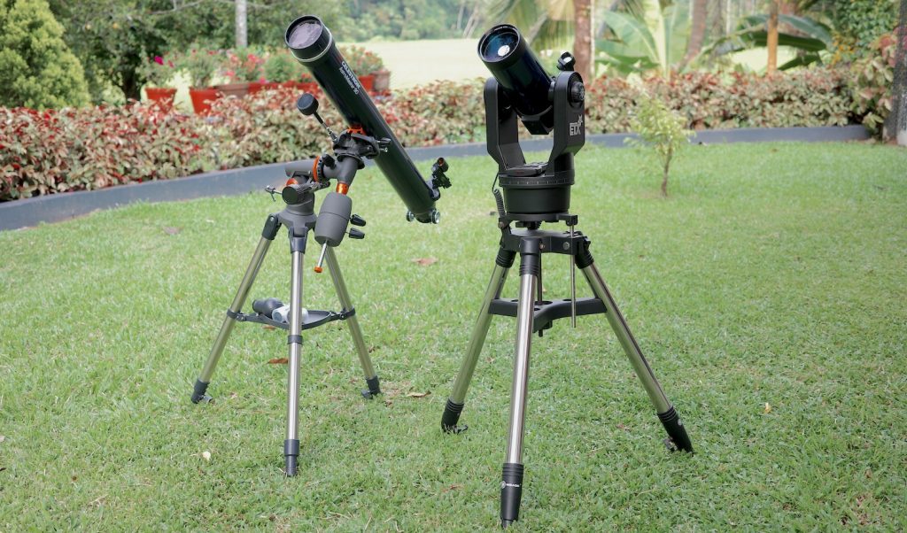 A maksutov cassegrain and a refractor telescope of same aperture placed together